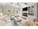 Bright and airy living room showcasing a fireplace, built-in bookshelves, and comfortable seating at 2213 Independence Ln, Buford, GA 30519
