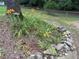Landscaped flowerbed with orange daylilies, rock borders, mulch, and a view of the fenced backyard at 1250 Timber Walk Dr, Loganville, GA 30052