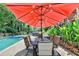 Inviting patio area features an outdoor dining set with a large umbrella near the refreshing pool at 4562 Lucerne Valley Sw Rd, Lilburn, GA 30047