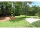 Lush backyard showcasing mature trees, a concrete patio, seating, and greenery at 3852 Vinyard Ne Ct, Marietta, GA 30062