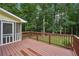 Charming backyard wooden deck surrounded by lush greenery, perfect for relaxing and enjoying the outdoors at 2110 Waterloo Cir, Lawrenceville, GA 30043