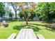 Landscaped backyard features picnic table, shed, mature trees, and green grass at 3020 Washington Rd, East Point, GA 30344