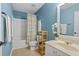 A charming bathroom with blue walls, a vanity, and coordinated decor at 4020 New Salem Ct, Cumming, GA 30040