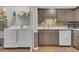 A kitchenette with grey cabinets, mosaic backsplash, and stainless steel appliances is conveniently located near the laundry area at 289 Westland Sw Way, Marietta, GA 30064