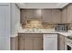 A kitchenette features grey cabinets, tiled backsplash, white counters and appliances with a stainless steel microwave at 289 Westland Sw Way, Marietta, GA 30064