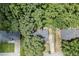 Aerial view showcasing a property nestled among dense trees with visible roof and driveway at 711 Belgrave Ln, Tucker, GA 30084