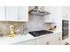 A detailed shot shows white cabinets, chevron backsplash, gas cooktop, and stainless steel range hood at 313 Sobeck Way, Canton, GA 30115