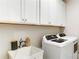 Bright laundry room features white cabinets, a utility sink, and front-loading washer and dryer at 313 Sobeck Way, Canton, GA 30115
