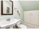 Compact bathroom with a pedestal sink, toilet, and wall-mounted storage cabinet at 317 Red Gate Overlook, Canton, GA 30115