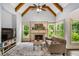 Cozy living room featuring a fireplace, large area rug, and comfortable seating at 217 Fernwood Pl, Woodstock, GA 30188