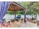 Back patio features a gazebo, a blue sofa set, and a well-maintained lawn for relaxation and entertainment at 3900 Baluster Ct, Suwanee, GA 30024