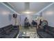 Finished basement featuring dark sofas, blue walls, and lighting accents at 4225 Parkridge Dr, Powder Springs, GA 30127