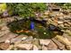 Idyllic koi pond with decorative water feature and varied koi surrounded by natural rock at 3300 Pierce St, College Park, GA 30337