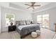 Bedroom featuring a tray ceiling, ceiling fan, and sliding door to a private balcony at 1995 Bryant Park Ln, Decatur, GA 30033