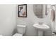 Clean powder room features a pedestal sink, toilet, mirror, and abstract art at 1995 Bryant Park Ln, Decatur, GA 30033