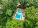 Aerial view of the community pool with lounge chairs, surrounded by trees at 1101 Collier Nw Rd # P2, Atlanta, GA 30318