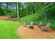 Backyard featuring a pea gravel area with a fire pit, and an expansive lawn with mature trees and landscaping at 261 Lamplighter Se Ln, Marietta, GA 30067