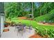 Backyard featuring a patio area with seating and an expansive lawn with mature trees and landscaping at 261 Lamplighter Se Ln, Marietta, GA 30067