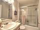 Well-lit bathroom featuring a framed mirror, glass shower doors, and a single sink vanity at 1808 Jacksons Creek Dr, Marietta, GA 30068