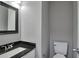 Elegant half-bathroom featuring a modern vanity, dark granite countertops, and a sleek toilet at 2428 Harmony Ridge Ct, Lithonia, GA 30058