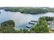 Scenic aerial view of lakefront properties with boat docks surrounded by lush green forests at 4445 Pebble Rock Dr, Cumming, GA 30041