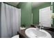 Bathroom featuring green walls, a sink with vanity, a toilet, and a shower with curtain at 303 Horizon Trce, Loganville, GA 30052