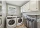 Well-lit laundry room featuring a modern washer and dryer set with ample storage and a convenient folding area at 4624 Stonehenge Dr, Atlanta, GA 30360
