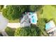 Aerial view of a home with a swimming pool and lush landscaping in a serene setting at 5286 Wild Indigo Nw Way, Acworth, GA 30102