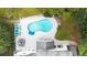 Aerial view of a backyard with a pool, lounge chairs, and a patio with outdoor seating at 5286 Wild Indigo Nw Way, Acworth, GA 30102