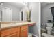 Bathroom featuring a toilet, vanity, decorative plants, and framed mirror at 30 Creek Bottom Dr, Covington, GA 30014