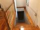 Staircase leading to the basement area of the home featuring hardwood and neutral walls at 4744 Chickasaw Se Way, Acworth, GA 30102