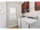 Bright laundry room with white appliances, wood cabinets, and a window bringing in natural light at 1452 Redwine Rd, Fayetteville, GA 30215