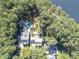 Aerial view of a beautiful waterfront property with pool, surrounded by mature trees, and lake access at 504 Telfair Park, Peachtree City, GA 30269