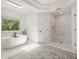 Bright bathroom featuring a soaking tub, walk-in shower, and a large window with a view at 4392 Windsor Oaks Cir, Marietta, GA 30066