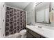 Bathroom with shower-tub combo, gray vanity, and decorative mirror at 4816 Morning Chase Nw, Acworth, GA 30102
