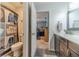 Full bathroom with a unique shower curtain and a modern vanity at 1461 Radstone Dr, Lawrenceville, GA 30044