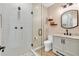 Modern bathroom with walk-in shower, stylish vanity, and decorative shelves at 52 Waterside Se Dr, Cartersville, GA 30121