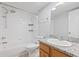 Bright bathroom featuring white subway tile, granite countertops and new fixtures at 106 Brighton Pt, Sandy Springs, GA 30328