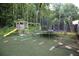 Spacious backyard with a play structure, trampoline, and artificial grass, ideal for Gathering fun at 3227 Due West Rd, Dallas, GA 30157