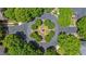 Aerial view of well-manicured roundabout featuring lush trees and landscaping in a neighborhood at 175 Centennial Trce, Roswell, GA 30076