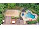Aerial view of backyard with pool, volleyball court, deck, patio, and lush greenery at 3656 Ebenezer Rd, Marietta, GA 30066