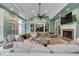 A vaulted ceiling living room features a fireplace, ample seating and an abundance of natural light at 3656 Ebenezer Rd, Marietta, GA 30066