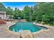 Private in-ground pool surrounded by ample patio space and lush landscaping, creating a relaxing backyard oasis at 3656 Ebenezer Rd, Marietta, GA 30066
