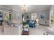 Comfortable living room with neutral walls, an elegant chandelier, and stylish furniture with blue and beige accents at 2878 Wesley Heath Nw, Atlanta, GA 30327