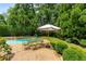 Backyard pool area featuring a patio set under an umbrella, surrounded by lush landscaping at 2878 Wesley Heath Nw, Atlanta, GA 30327