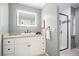 Modern bathroom features a sleek vanity with granite countertop, stylish mirror, and a tiled walk-in shower at 588 Benson Hurst Dr, Mableton, GA 30126