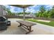 Backyard patio with a picnic table and a built-in grill, perfect for entertaining and outdoor dining at 5381 Front Runner Ct, Sugar Hill, GA 30518