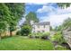 Backyard view featuring lush greenery, a well-maintained lawn, and a patio with seating; serene outdoor space at 10865 Glenhurst Pass, Duluth, GA 30097