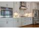 Updated kitchen featuring stainless steel appliances, white cabinets, and a stone tile backsplash at 10865 Glenhurst Pass, Duluth, GA 30097