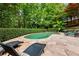 Serene backyard pool area with lounge chairs, manicured hedges and a lush green landscape at 910 Kings Arms Way, Johns Creek, GA 30022